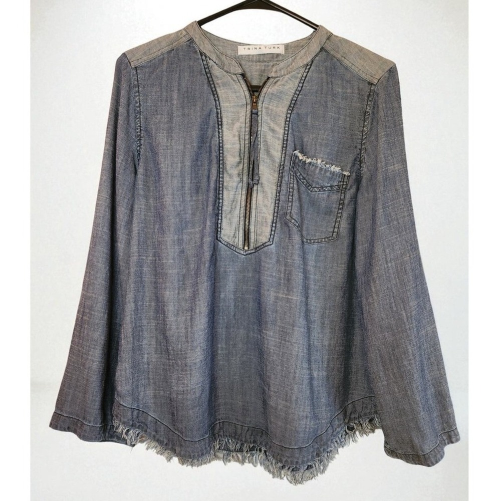 TRINA TURK Lyocell/Linen‎ Blend Indigo Kaiko Chambray Frayed Denim Blouse S/M